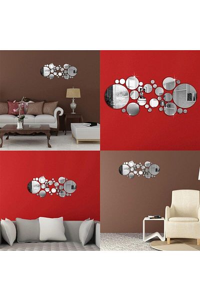 OEM Autocolante decorative rotunde pentru oglinzi acrilice, 21x52 cm, 26 buc, argintii