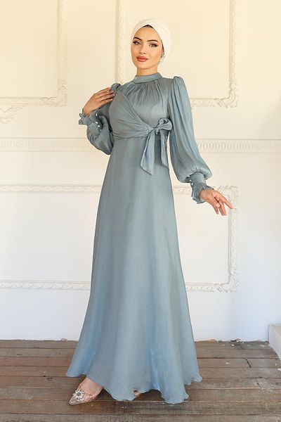 Olcay Yoryo Silk Hijab Evening Dress with Side Tie Cuff Detail Water Green 1241