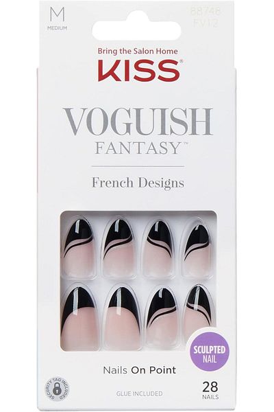 Kiss Voguish Fantasy Press-On Nails, French Designs - Black, Almond Shape, 28 Nails