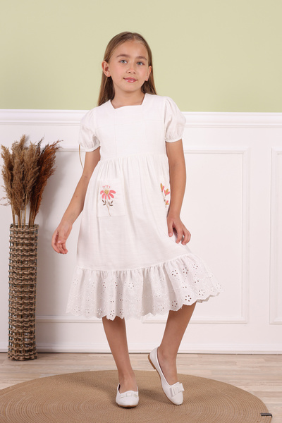 Pafim فستان بناتي مطرز بجيب موسمي وصيفي بسحاب لعمر 11-14 سنة