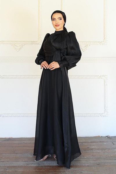 Olcay Side Tie Cuff Detail Yoryo Silk Hijab Evening Dress Black 1241