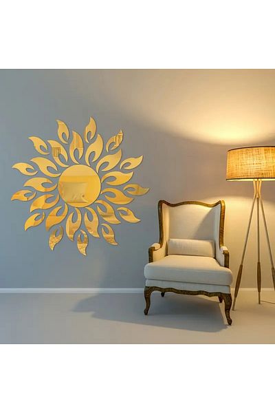 OEM Set de 27 de oglinzi acrilice din PVC, autoadezive pentru decor, soare cu 26 de raze, aurii