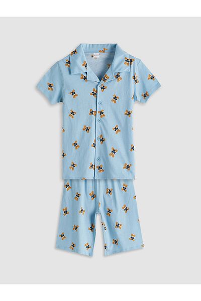 LC Waikiki Blue Printed Boys' Shirt and Shorts 2-Piece