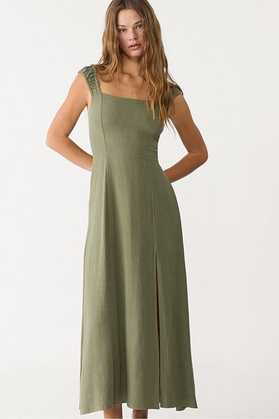 Stradivarius Flowing linen blend maxi dress with crossed back