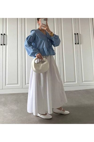 Gülmude Premium Elastic Waist Long Poplin Skirt with Floto Pocket (90cm)