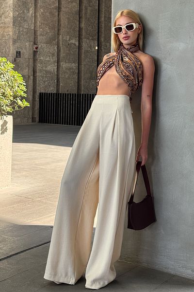 VAGGON Zipper Closure Linen Palazzo Trousers