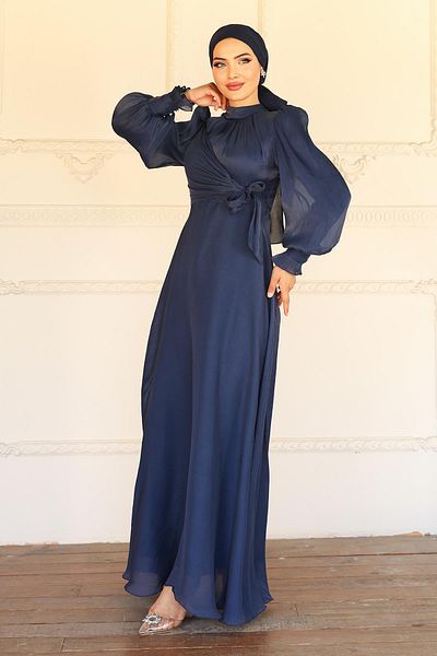 Olcay Yoryo Silk Hijab Evening Dress with Side Tie Cuff Detail K. Indigo 1241