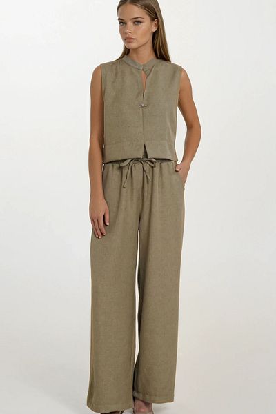 VAGGON Judge Collar Accessory Closure Blouse and Lace-Up Palazzo Pants Set