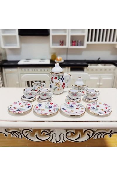 LavinTheMavi Miniature Toy Ceramic Teapot and Tea Set - 15 Pieces