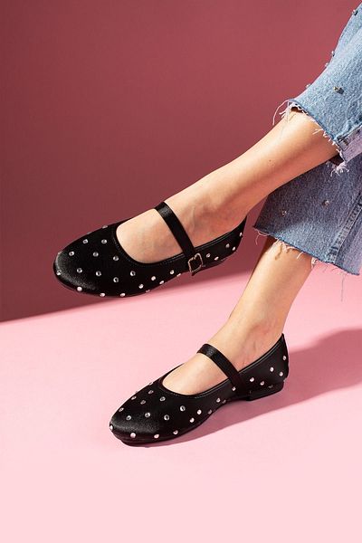 FUGA MODA Blanky Black Satin Stone Belted Premium Ballerinas