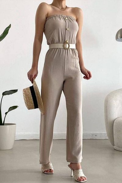 Modafeminen Aerobin Fabric Belt Included Strapless Jumpsuit Beige 582202
