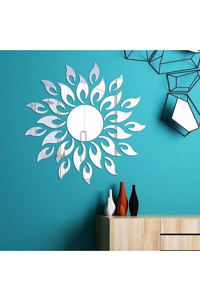 OEM Set de 27 de oglinzi acrilice din PVC, autoadezive pentru decorarea pereților, Soare cu 26 de raze, Argintiu,