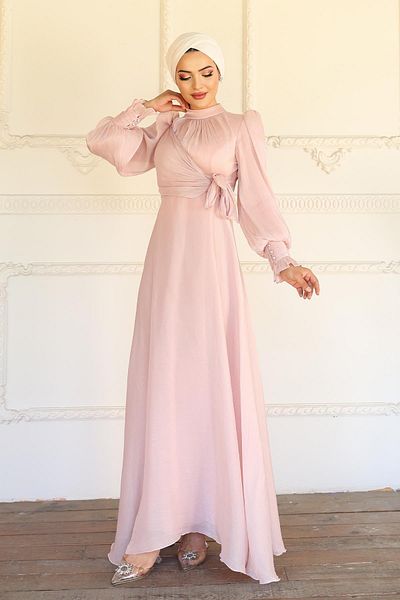 Olcay Yoryo Silk Hijab Evening Dress with Side Tie Cuff Detail Pudra 1241