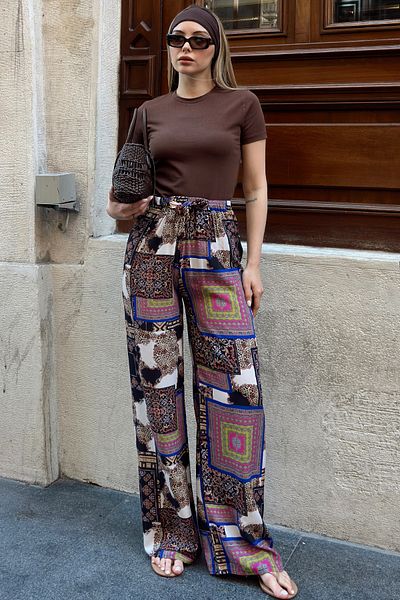 VAGGON Patterned Loose Cut Rope Tie Pants