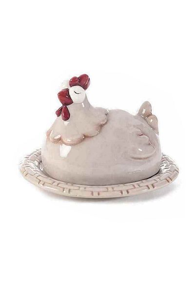 Decorer Platou din ceramica bej cu capac model Gaina 19x16x13 cm