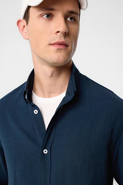 Antioch Navy Blue Linen Blend Collar Buttoned Men's Shirt
