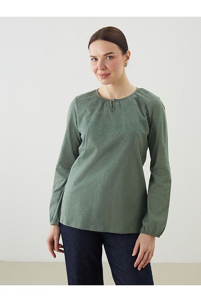 LC Waikiki Grace Green Crew Neck Embroidered Women's T-Shirt