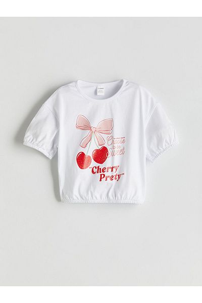 LC Waikiki White Crew Neck Printed Girl's T-Shirt