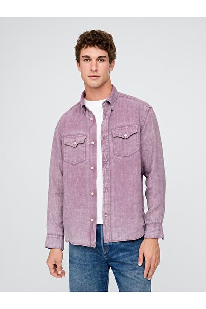 GAP Erkek Mor Keten Klasik Gömlek