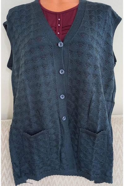 Anne Er Clothing Mother Battal Seasonal Knitwear Vest Button Double Pocket K.Blue