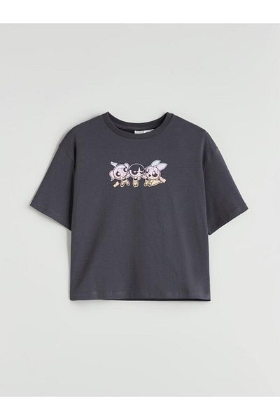 LC Waikiki Anthracite Crew Neck Powerpuff Girls Printed Girl's T-Shirt