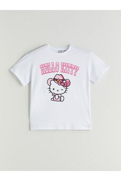 LC Waikiki White Crew Neck Hello Kitty Printed Girl's T-Shirt