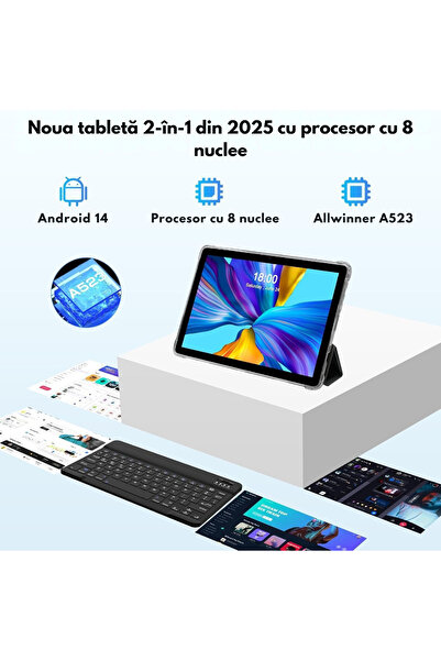 VisionHub Tabletă 2-în-1, de 10.1 inch, 8GB RAM (4+4GB extensibil), 128GB ROM, Android 14, WiFi 5G și 2.4G
