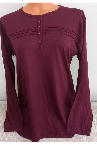 Anne Er Clothing Mother Summer Combed Cotton Blouse Long-Sleeve Crew Neck Claretred