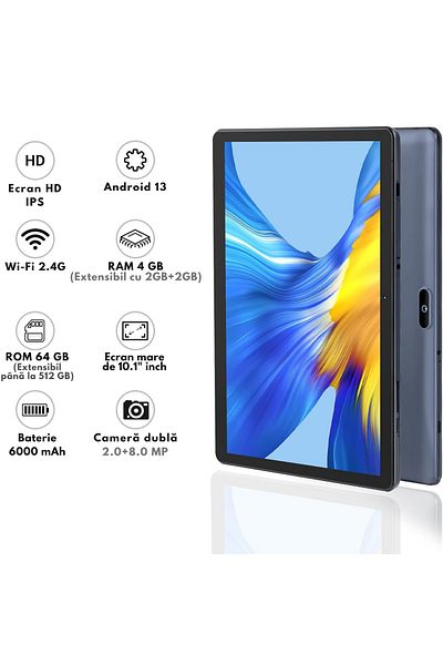 VisionHub Tableta 10 Inchi - Android 13, Performanta Rapida, Ecran Hd Ips, 64gb Stocare, 4gb Ram, Camera Duala
