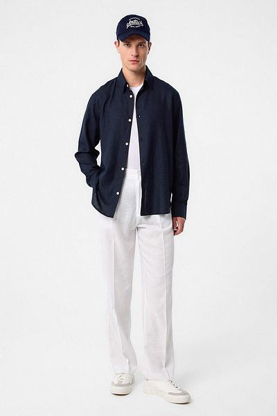 Antioch Navy Blue Relax Fit Linen Blend Men's Shirt