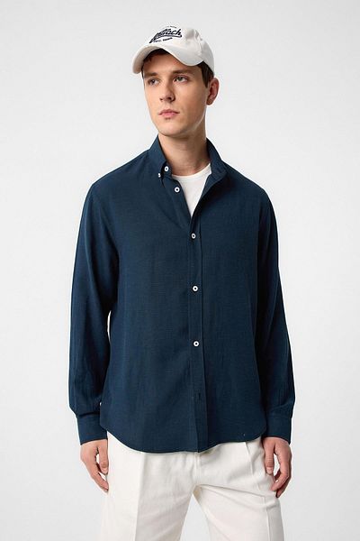 Antioch Navy Blue Linen Blend Collar Buttoned Men's Shirt