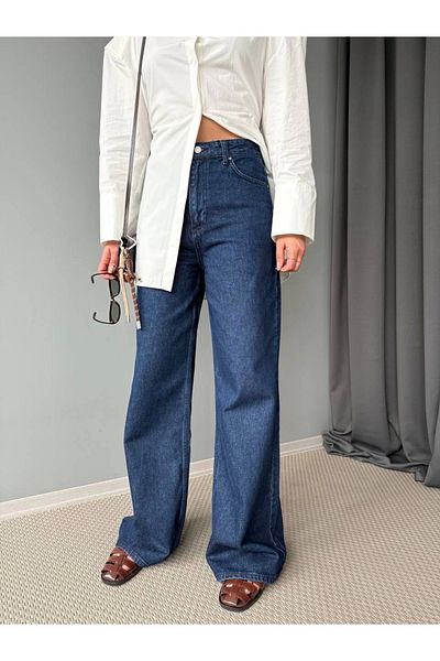 Ecenin Favorileri Pantaloni de damă din denim bleumarin cu talie înaltă