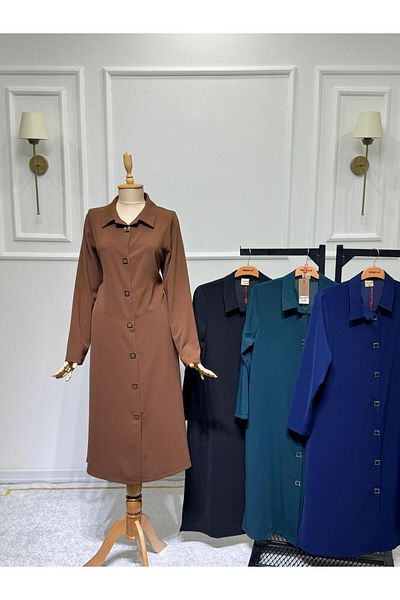 ModaMinar Women's Plus Size Thin Crepe Fabric Snap Fastener Long Shirt Collar Tunic
