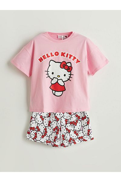 LC Waikiki Pink Crew Neck Hello Kitty Printed Girls' Shorts Pajama Set