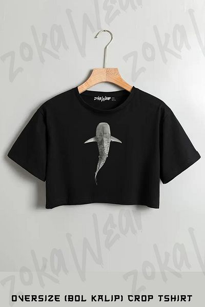ZOKAWEAR Tiger Shark Galeocerdo Cuvier (Above) Navy Blue Printed Oversize Crop T-Shirt