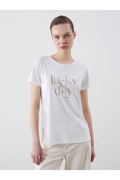LC Waikiki Ecru Crew Neck Printed Women's T-Shirt