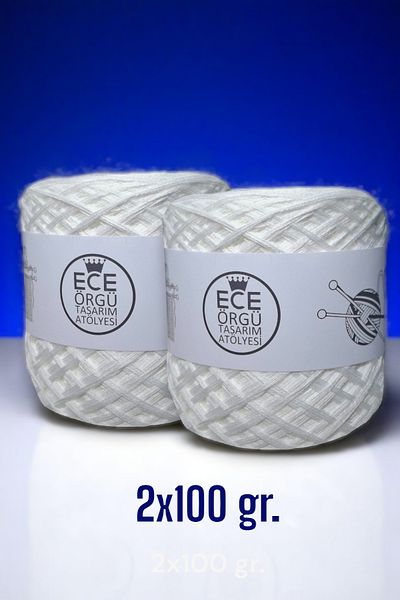 Ece Örgü Tasarım Atölyesi Πλεκτό σχοινί χειρός από βαμβάκι πολλαπλών στρώσεων ιταλικό μερσεριζέ σε υπόλευκο χρώμα (200 γρ.)