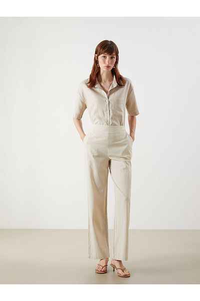 LC Waikiki Beige Elastic Waist Linen Blend Women's Trousers