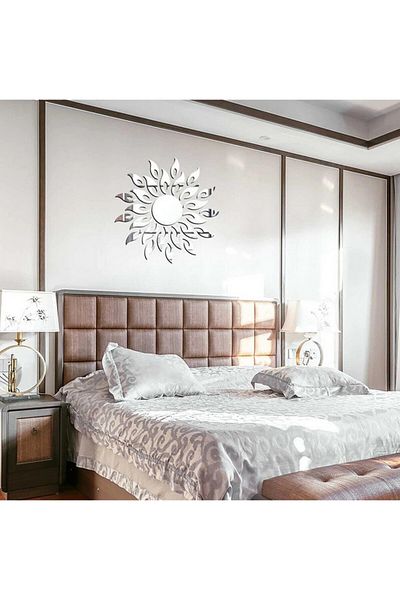 OEM Set de 27 de oglinzi decorative acrilice autoadezive, model cu raze solare argintii, dimensiune 50 cm