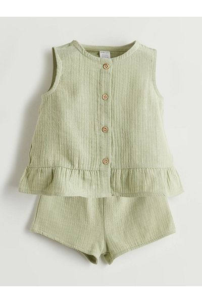 LC Waikiki New Season Crew Neck Muslin Baby Girl Blouse and Shorts Set of 2 - S5J965Z1