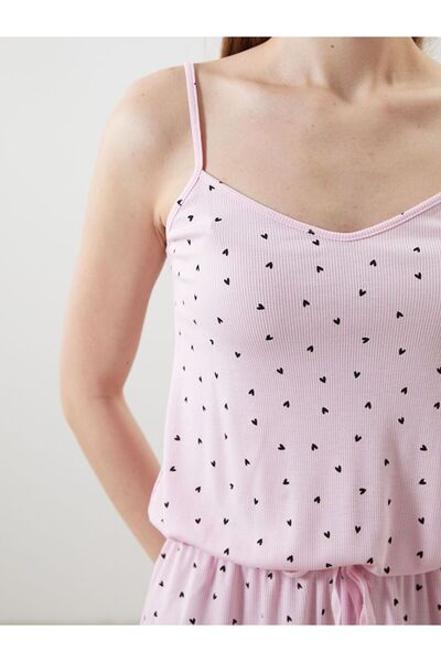 LC Waikiki LCW DREAM V Yaka Desenli Askılı Kadın Şortlu Tulum Pijama