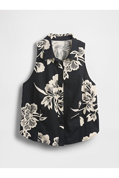 GAP Kadın Siyah Baskılı Keten Karışımlı Kolsuz Düğmeli Gömlek