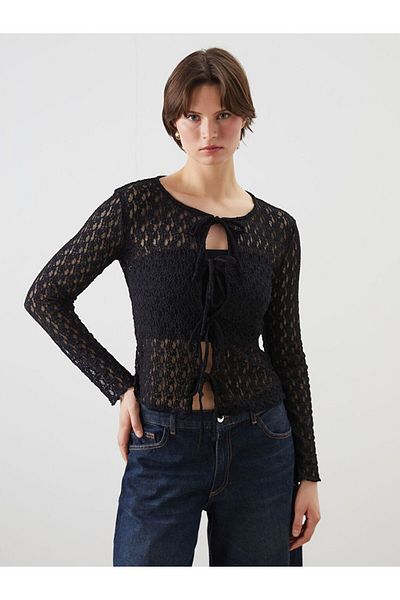 LC Waikiki Lcwaikiki Classic Tie-Up Collar Lace Women's Cardigan