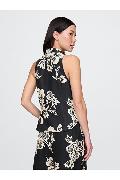 GAP Kadın Siyah Baskılı Keten Karışımlı Kolsuz Düğmeli Gömlek