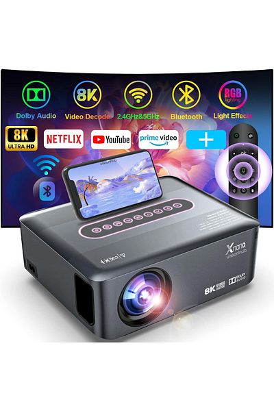 VisionHub Portable Full HD Video Projector, Android 9.0, 12,000 Lumens, 1920 x 1080 HD Resolution, 4K/8K Support