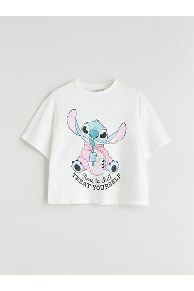 LC Waikiki Ecru Crew Neck Stitch Printed Girl's T-Shirt