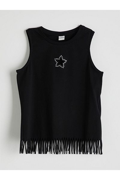LC Waikiki Black Crew Neck Stoned Girl's Undershirt