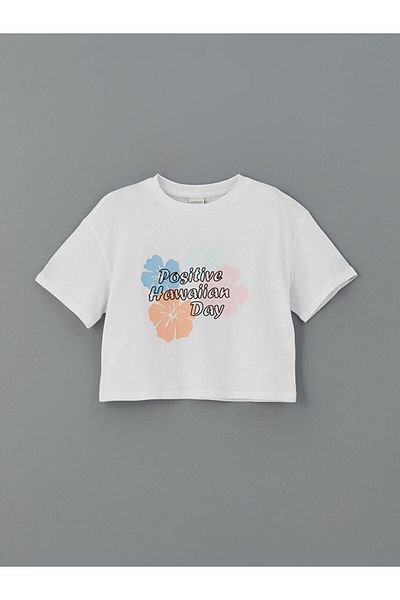 LC Waikiki White Crew Neck Hawaiian Printed Girl's T-Shirt