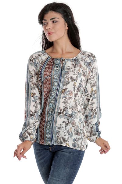 Eranthe Women's Blouse, Long Sleeve Type IE, White with Combined Blue-Brown Print