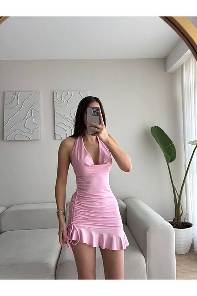 Zoom Butik Neck Tie Degaje Dress - Pink